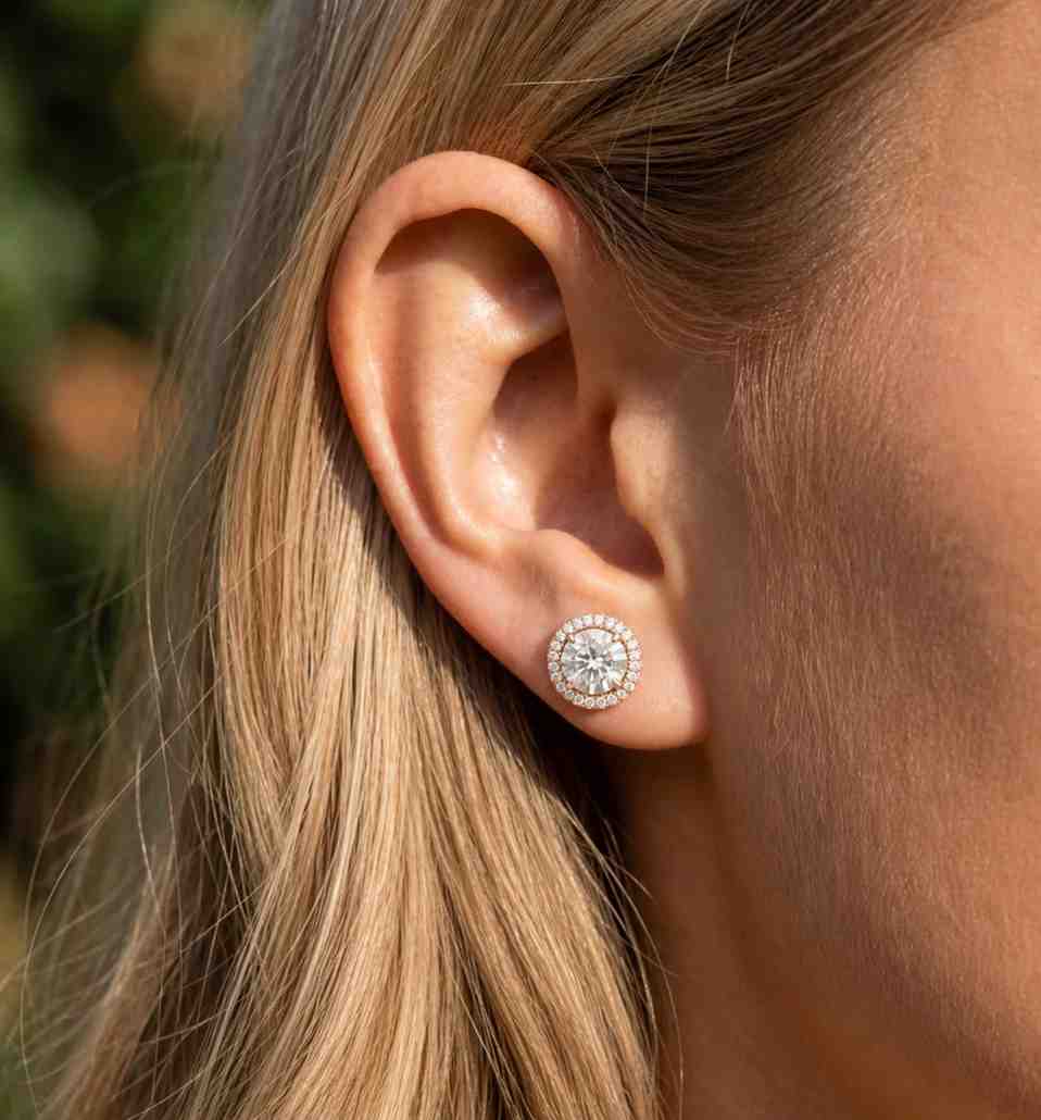 round diamond studs halo stud earrings lab grown diamond circle stud earrings sparkling halo bridal jewelry