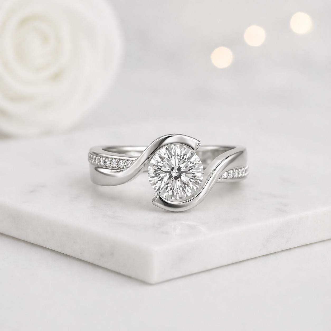 round engagement ring bypass engagement ring twisted band ring curved band ring swirl engagement ring pave diamond ring solitaire engagement ring modern engagement ring elegant engagement ring