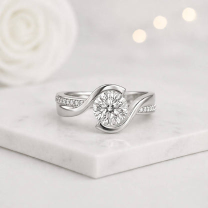 round engagement ring bypass engagement ring twisted band ring curved band ring swirl engagement ring pave diamond ring solitaire engagement ring modern engagement ring elegant engagement ring
