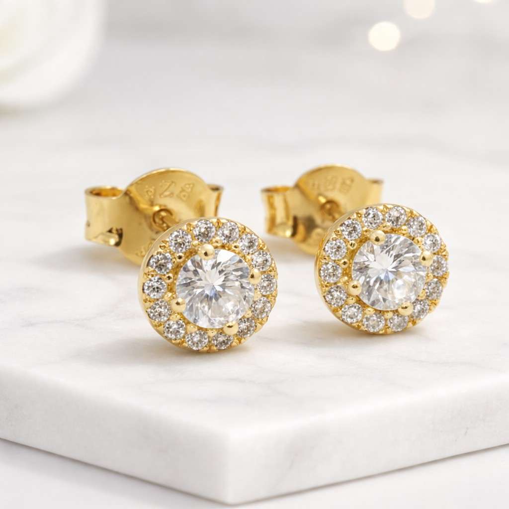 round gemstone earrings halo jewelry gold halo earrings sparkling studs bridal jewelry wedding earrings anniversary earrings daily jewelry office earrings lightweight earrings classic jewelry feminine earrings luxury studs elegant studs clear gemstone earrings