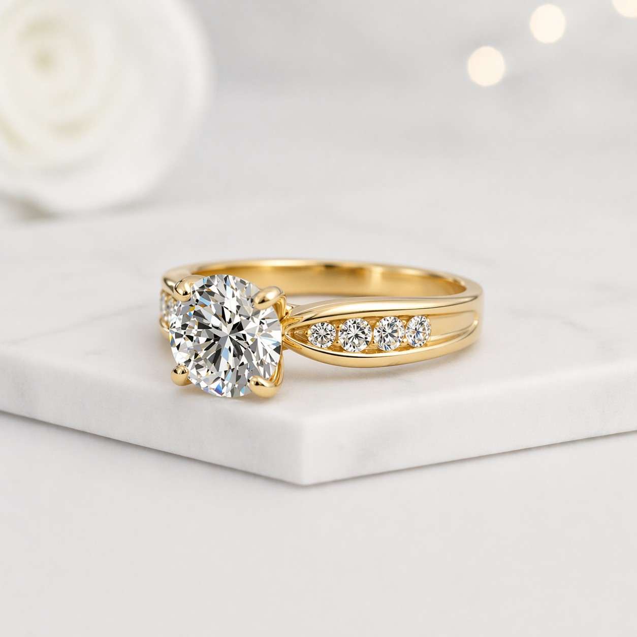 round solitaire ring gold engagement ring diamond solitaire ring split band ring channel band ring side stone ring bright ring sparkling ring wedding proposal ring bridal accessory