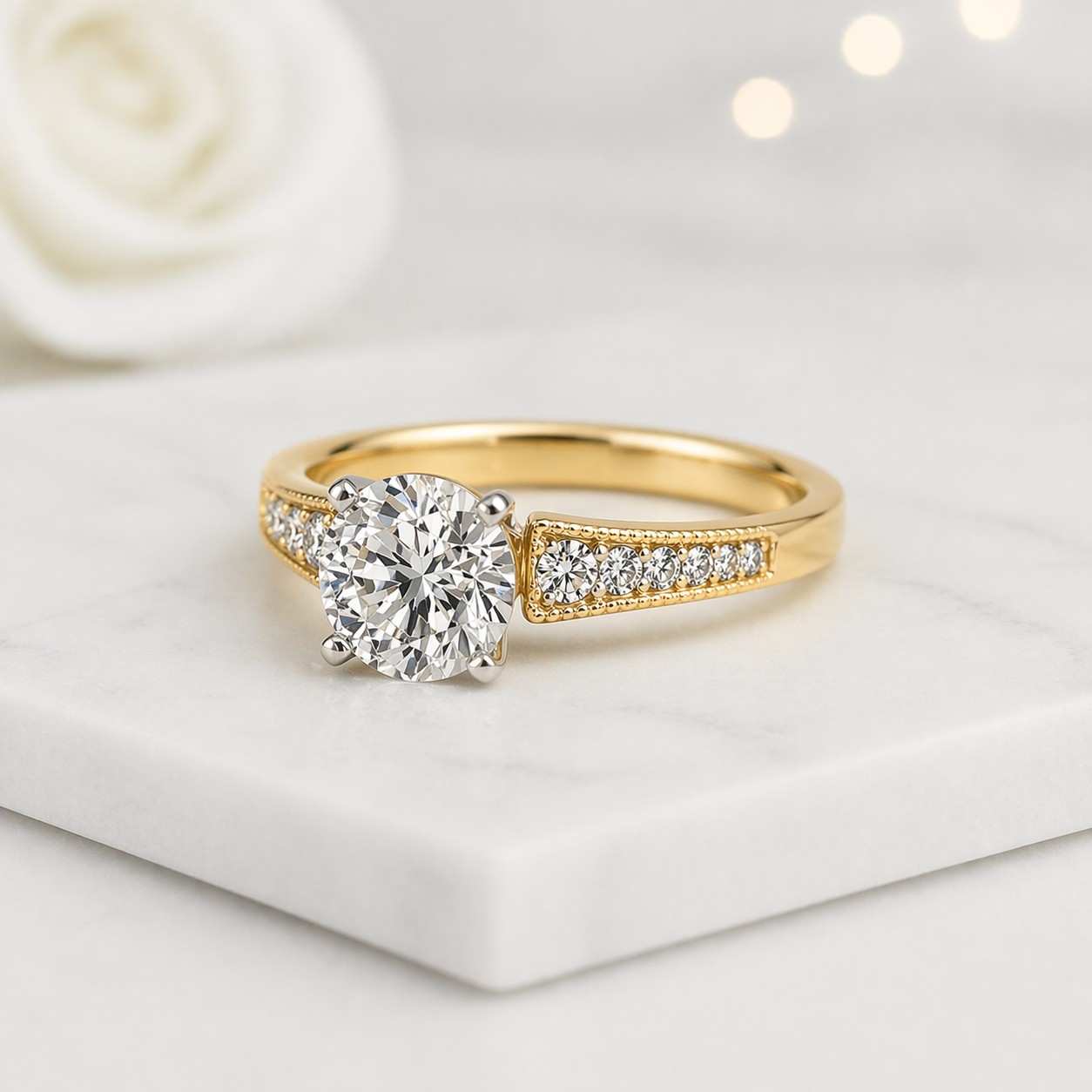 round solitaire ring pave band ring gold engagement ring diamond look ring bridal set ring wedding jewelry fine ring luxury accessory polished band cathedral ring four prong ring