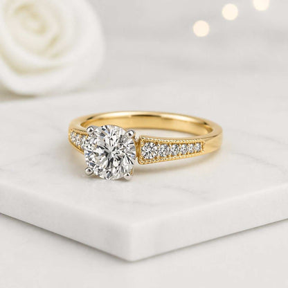 round solitaire ring pave band ring gold engagement ring diamond look ring bridal set ring wedding jewelry fine ring luxury accessory polished band cathedral ring four prong ring