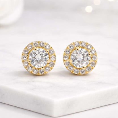 round stud earrings halo stud earrings gold stud earrings circle earrings pave earrings crystal earrings sparkling earrings classic earrings everyday earrings women earrings bridal earrings fine earrings luxury earrings elegant earrings small stud earrings