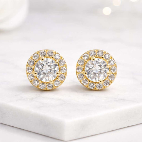 round stud earrings halo stud earrings gold stud earrings circle earrings pave earrings crystal earrings sparkling earrings classic earrings everyday earrings women earrings bridal earrings fine earrings luxury earrings elegant earrings small stud earrings