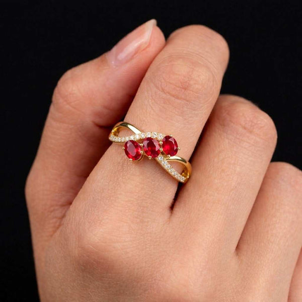 ruby engagement ring trilogy ring infinity band curved ring bypass ring red gemstone ring oval stone ring accent stone ring pave band ring romantic ring bridal ring gift for her handcrafted ring artisan ring
