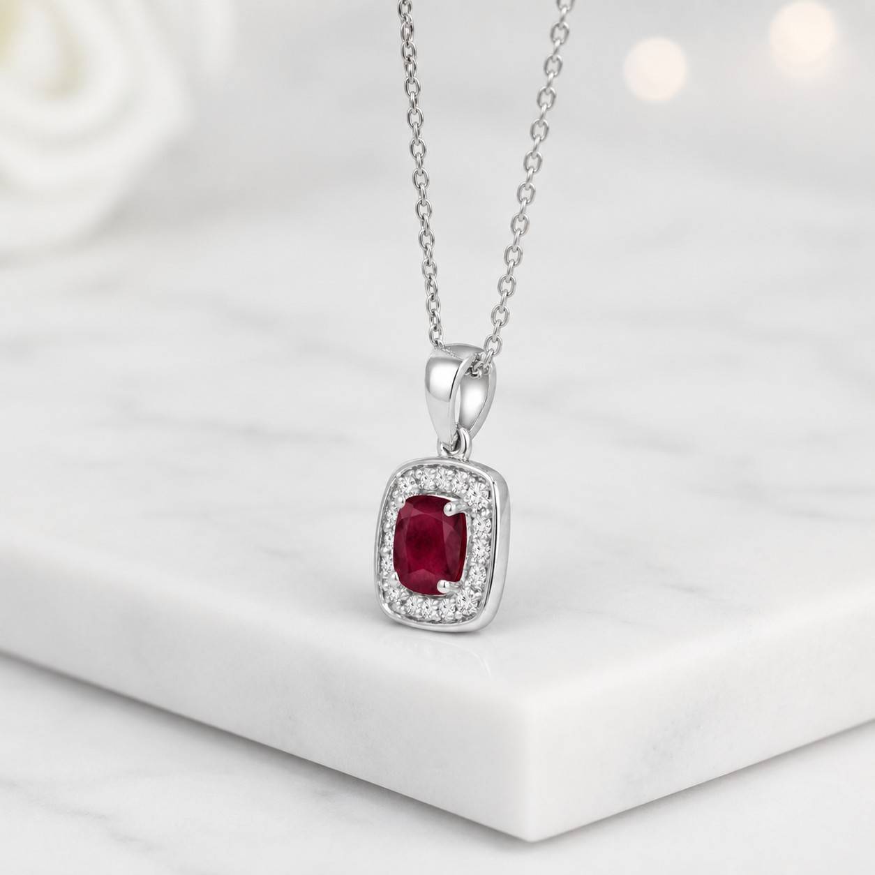 ruby necklace halo necklace cushion cut pendant red gemstone necklace solitaire halo pendant statement pendant