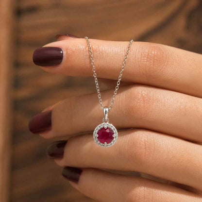 ruby necklace round pendant halo pendant gemstone necklace red stone necklace silver necklace solitaire necklace dainty necklace circle pendant women necklace