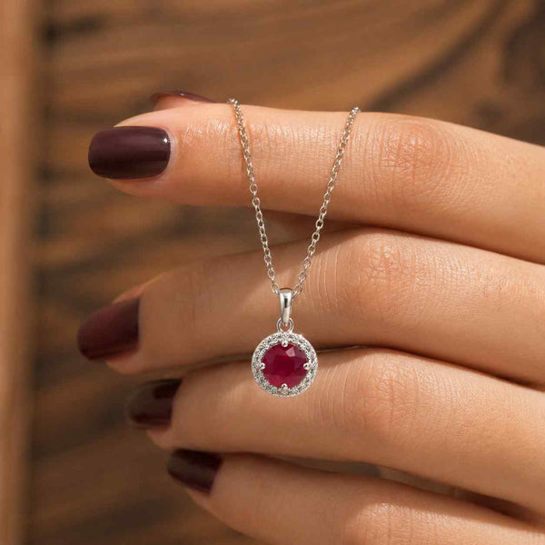 ruby necklace round pendant halo pendant gemstone necklace red stone necklace silver necklace solitaire necklace dainty necklace circle pendant women necklace
