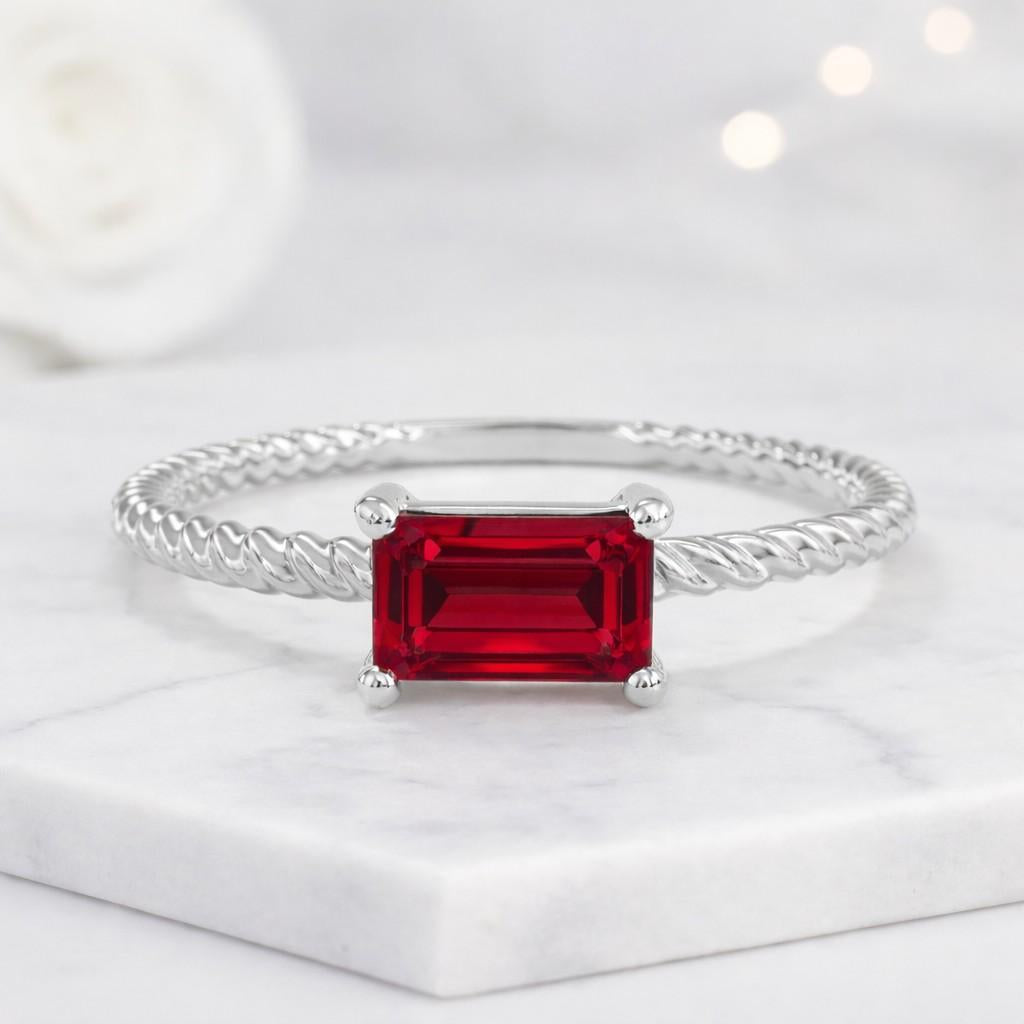 ruby ring emerald cut ring red gemstone ring solitaire ring twisted band ring rope band ring promise ring stackable ring slim ring thin band ring delicate ring