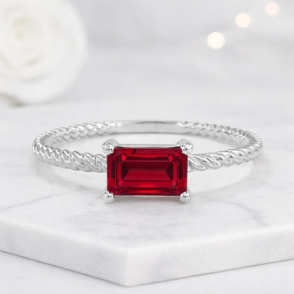 ruby ring emerald cut ring red gemstone ring solitaire ring twisted band ring rope band ring promise ring stackable ring slim ring thin band ring delicate ring