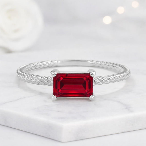 ruby ring emerald cut ring red gemstone ring solitaire ring twisted band ring rope band ring promise ring stackable ring slim ring thin band ring delicate ring