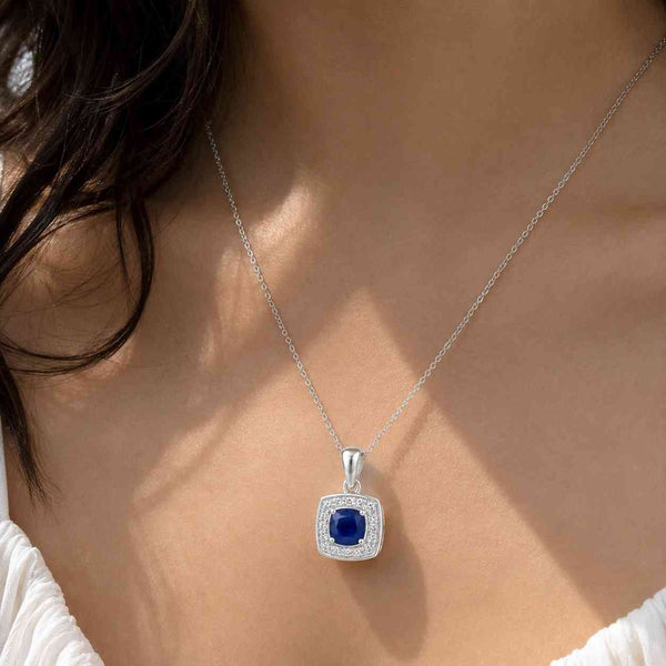 sapphire pendant blue gemstone pendant halo pendant necklace silver pendant cushion pendant rectangle pendant square pendant gemstone necklace women necklace