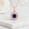 Princess Cut Sapphire Halo Pendant Necklace with Diamond Accent