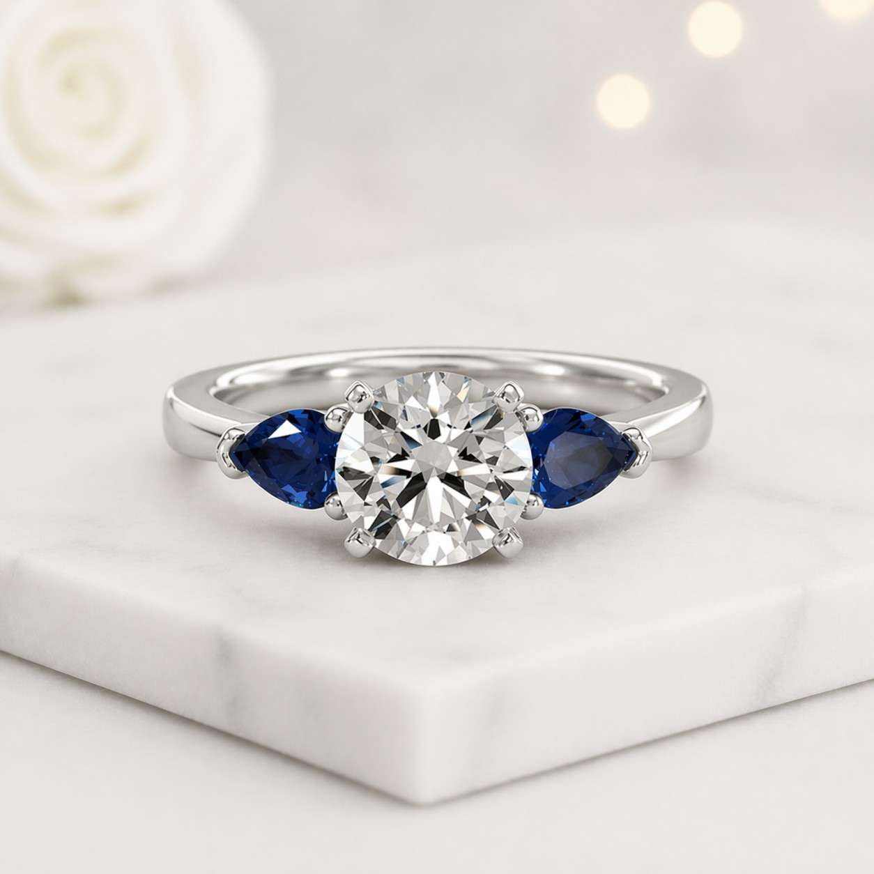 sapphire ring three stone ring engagement ring pear sapphire ring round center ring solitaire style ring blue gemstone ring promise ring bridal ring fine jewelry ring stackable ring