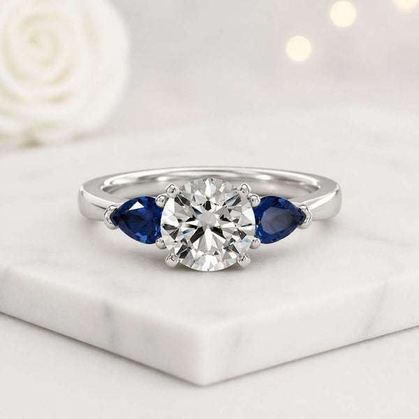 sapphire ring three stone ring engagement ring pear sapphire ring round center ring solitaire style ring blue gemstone ring promise ring bridal ring fine jewelry ring stackable ring