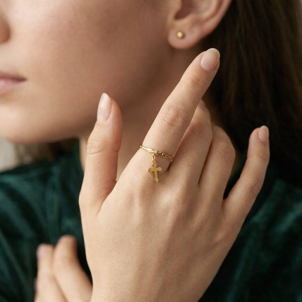 shiny ring sleek ring feminine ring unique ring artisan ring symbolic ring prayer ring holy cross ring church jewelry casual ring daily ring stackable ring fine ring charm jewelry ring accessory