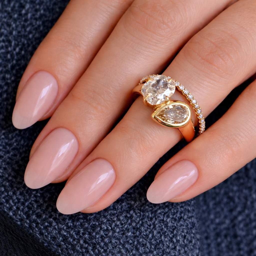 elongated old mine cushion and champagne pear lab grown diamond ring order for addy