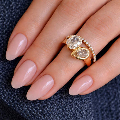 Elongated Old Mine Cushion and Champagne Pear Lab Grown Diamond Ring Order For Addy