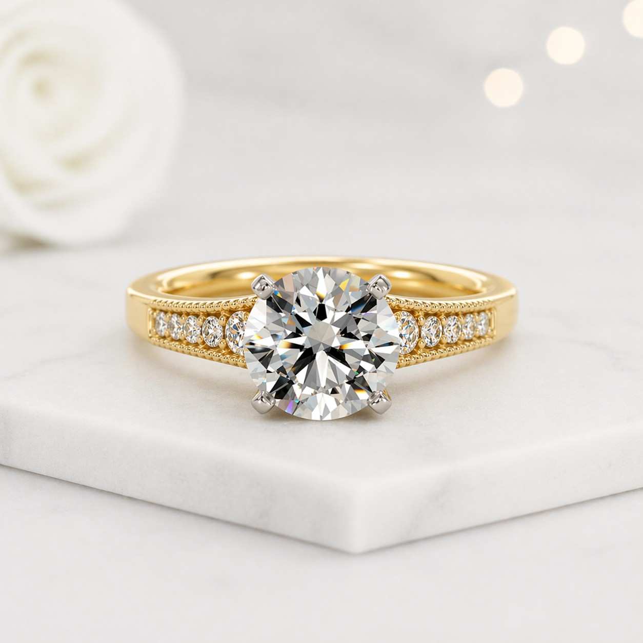 solitaire ring engagement ring gold ring round ring pave ring promise ring bridal ring women ring fine jewelry luxury ring classic ring elegant ring prong setting center