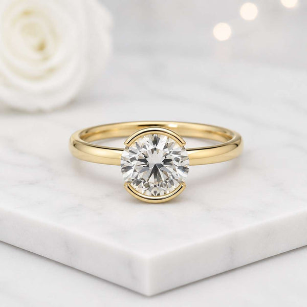 solitaire ring gold ring engagement ring promise ring round ring bezel ring half bezel ring thin band simple ring dainty ring minimal ring women ring bridal ring fine jewelry luxury ring
