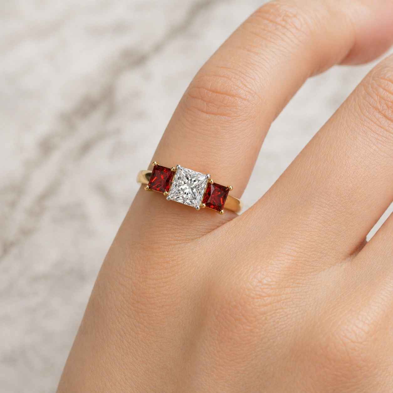 square center ring princess stone ring red side stones yellow gold ring cathedral ring gallery ring comfort fit ring polished band ring wedding jewelry ring stackable ring