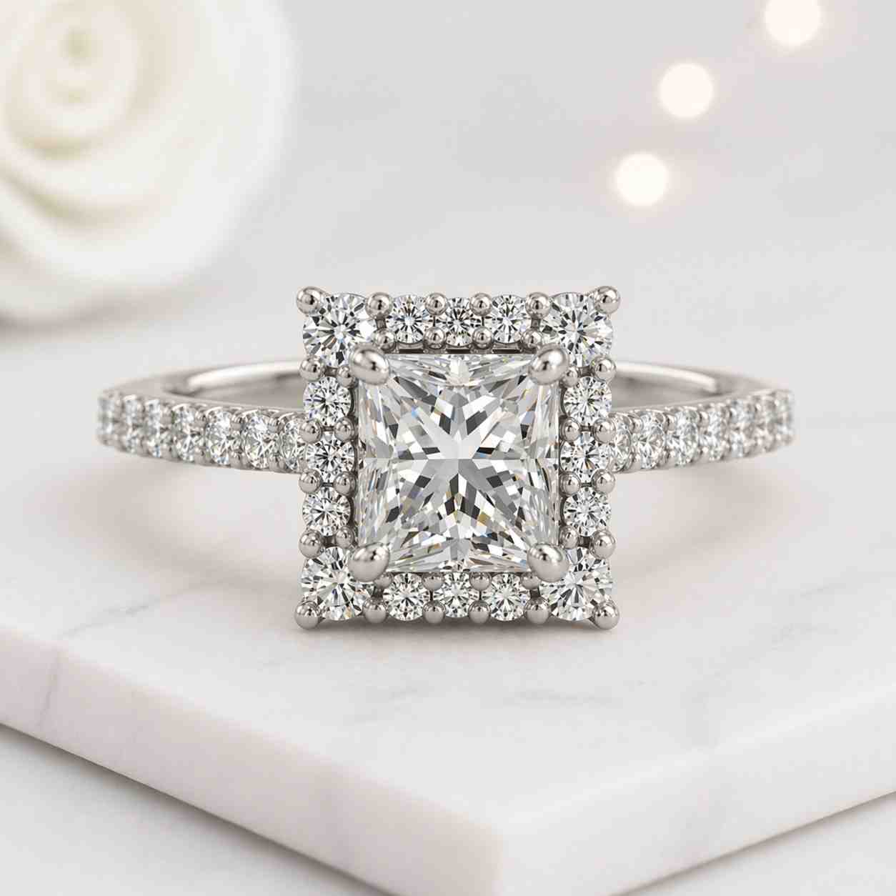 square engagement ring princess engagement ring halo engagement ring yellow gold ring diamond halo ring square halo ring pave engagement ring bridal ring set elegant engagement ring