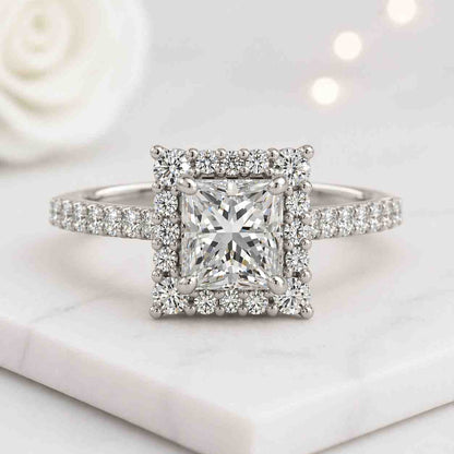 square engagement ring princess engagement ring halo engagement ring yellow gold ring diamond halo ring square halo ring pave engagement ring bridal ring set elegant engagement ring