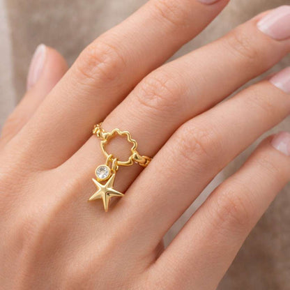 star jewelry celestial jewelry gold star ring dangling star ring charm jewelry open band ring adjustable jewelry cloud charm ring cloud outline charm crystal accent ring shiny gold ring stylish ring