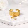14K Gold Textured Star & Freshwater Pearl Open Ring