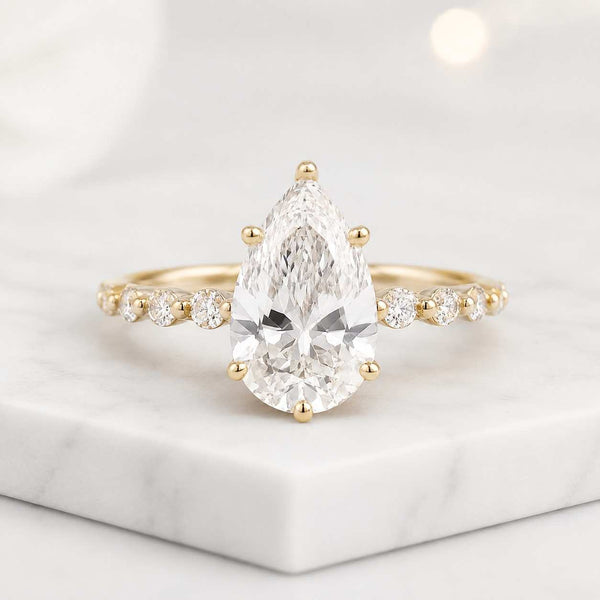 Vintage Style Lab Grown Diamond Bridal Set, Pear Floral Engagement Ring Nature Inspired leaf Design Bridal Ring Set