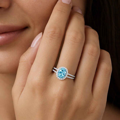 teal gemstone ring oval halo ring stacked band ring pave band ring gemstone engagement ring blue crystal ring feminine ring dainty ring modern ring luxury jewelry ring gold band ring oval center ring