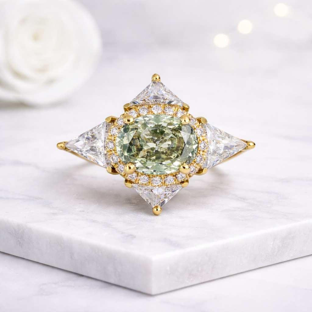 teal green ring green gemstone ring lab grown ring cushion cut ring halo ring statement ring unique ring