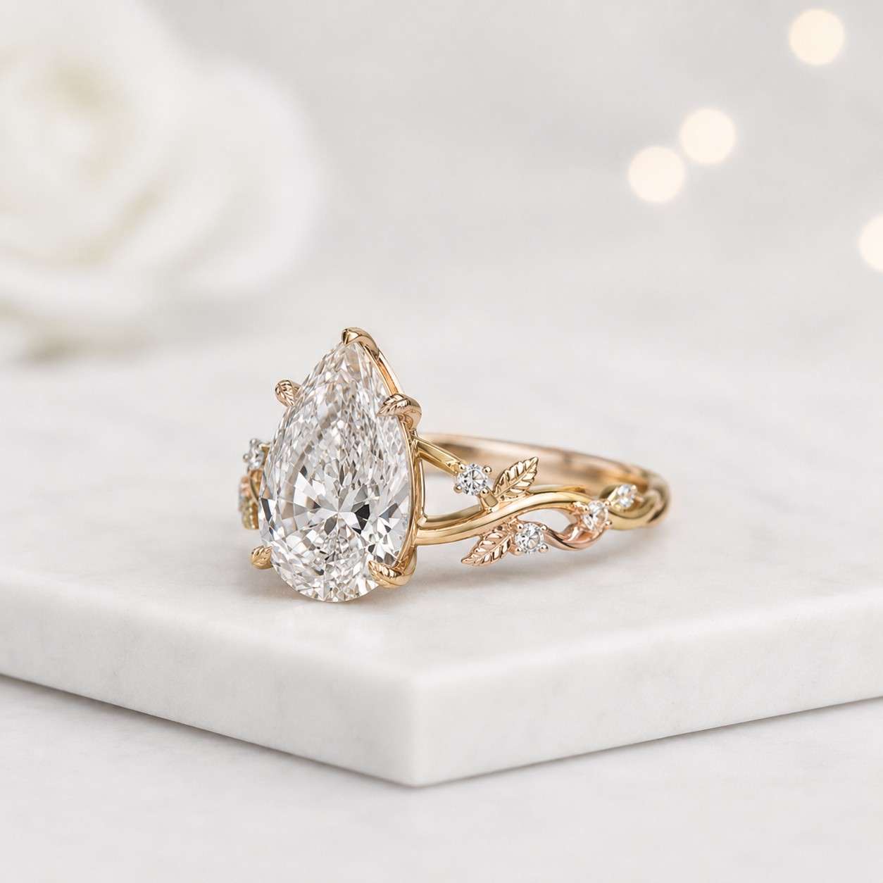 teardrop ring pear solitaire leaf engagement ring floral engagement ring rose gold jewelry