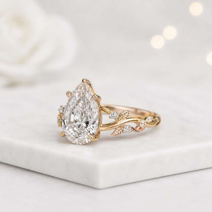teardrop ring pear solitaire leaf engagement ring floral engagement ring rose gold jewelry