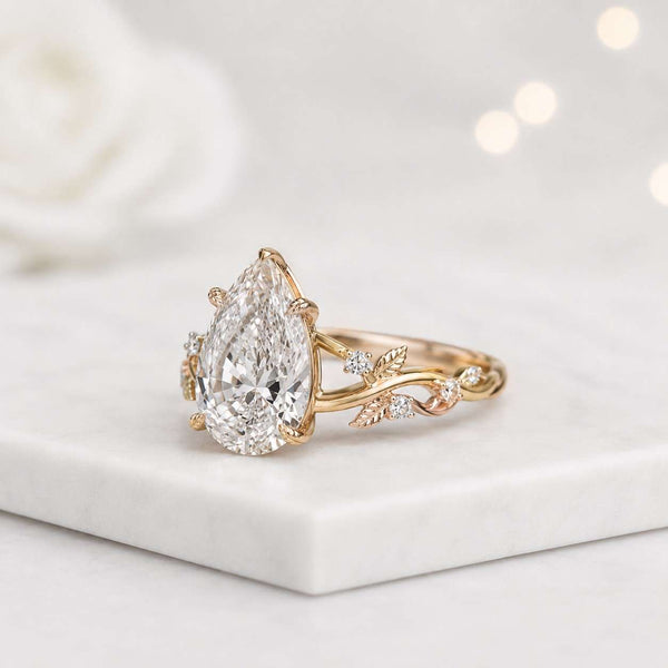 teardrop ring pear solitaire leaf engagement ring floral engagement ring rose gold jewelry