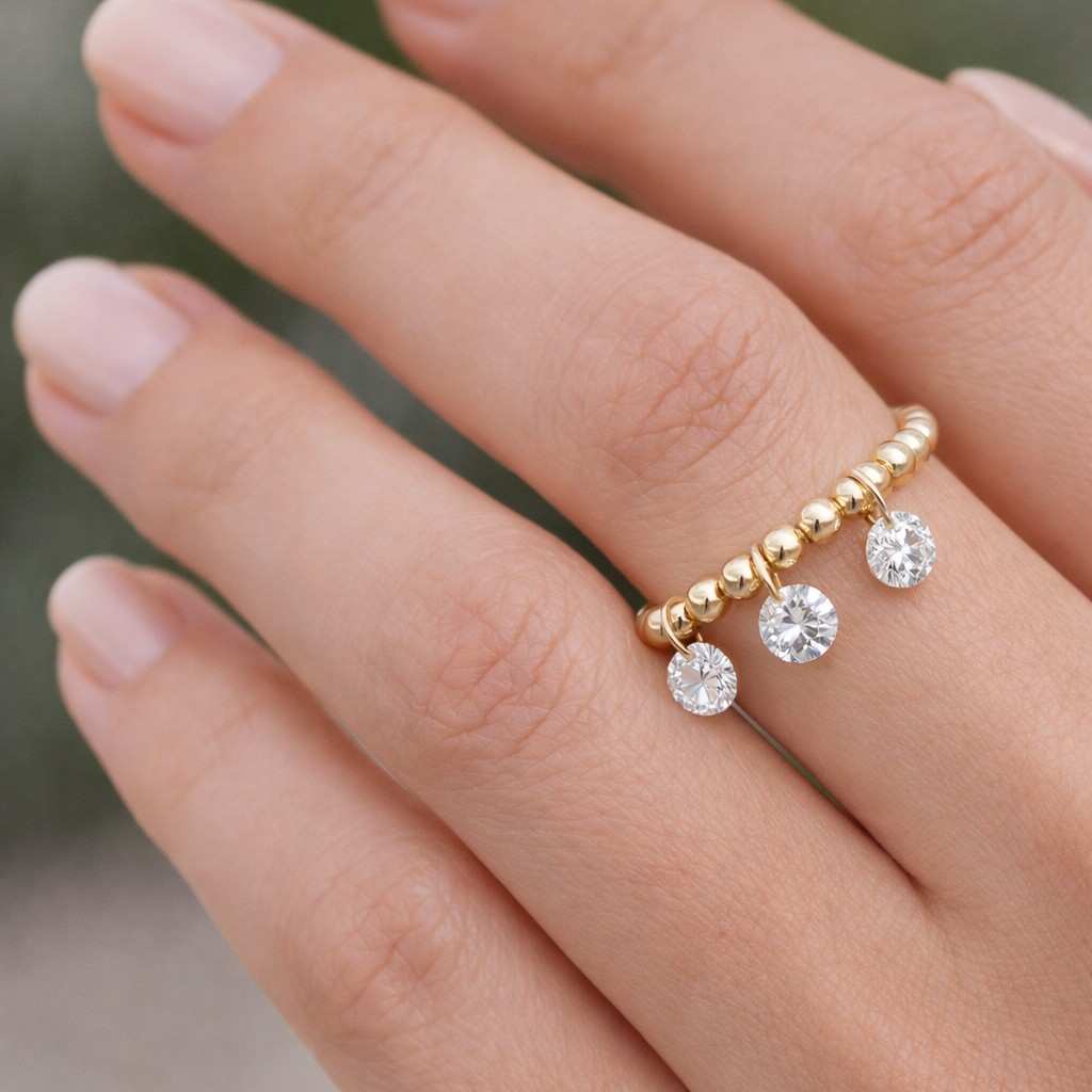 three stone ring dangling stones ring beaded band ring gold charm ring crystal dangle ring stretch jewelry ring handmade jewelry ring bead stretch ring stack ring women crystal ring fashion jewelry ring