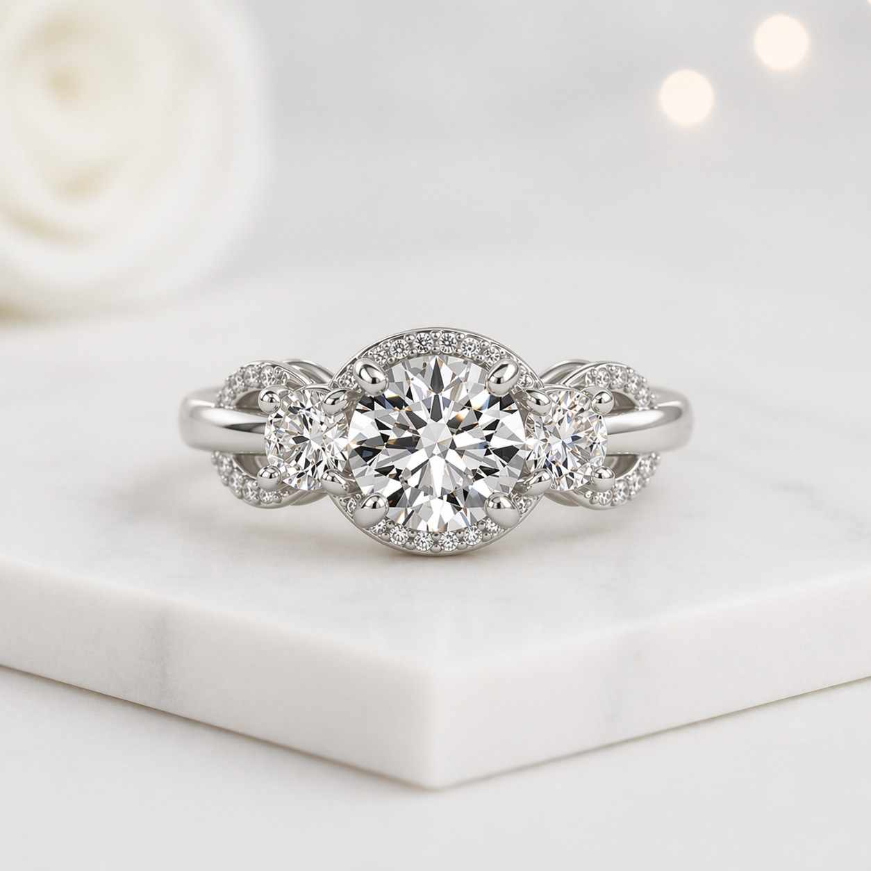 three stone ring engagement ring gold ring round ring halo ring bridal ring promise ring statement ring luxury ring fine jewelry women ring