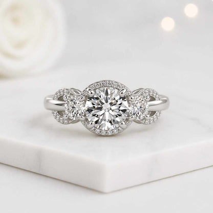 three stone ring engagement ring gold ring round ring halo ring bridal ring promise ring statement ring luxury ring fine jewelry women ring