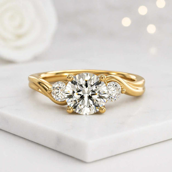 three stone ring engagement ring gold ring solitaire ring twisted band ring round center stone prong setting ring bridal ring promise ring women ring fine jewelry ring statement ring luxury ring handmade ring