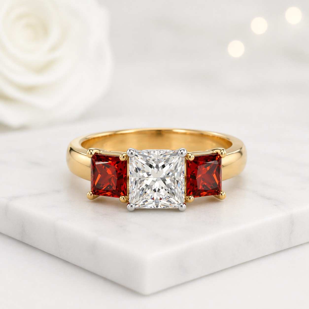 three stone ring princess cut ring garnet ring gold ring statement ring bridal ring engagement ring square stone ring side stone ring red gemstone ring white stone ring