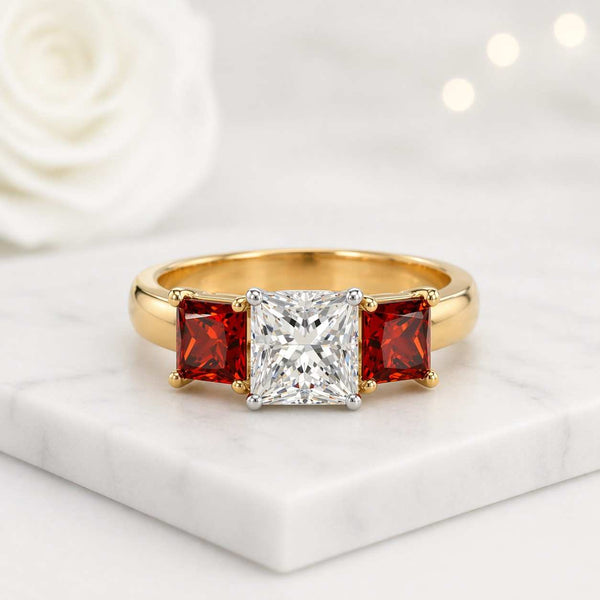 three stone ring princess cut ring garnet ring gold ring statement ring bridal ring engagement ring square stone ring side stone ring red gemstone ring white stone ring