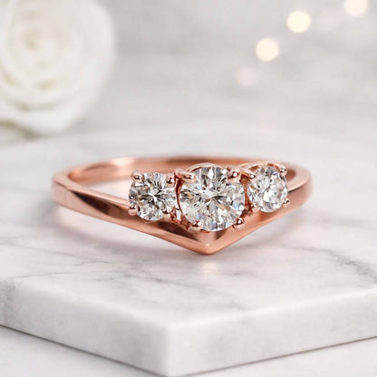 three stone ring rose gold ring curved ring chevron ring diamond ring promise ring women ring bridal ring