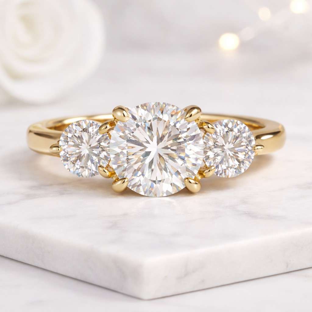three stone ring round cut ring gold ring engagement ring bridal ring solitaire ring statement ring luxury ring