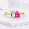 Toi et Moi Ring with Emerald Cut & Pear Cut Pink Ruby Gemstone Ring