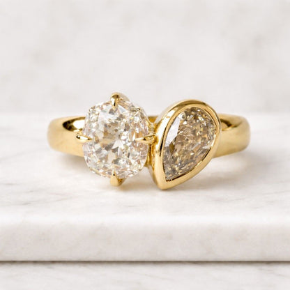 Elongated Old Mine Cushion and Champagne Pear Lab Grown Diamond Ring Order For Addy