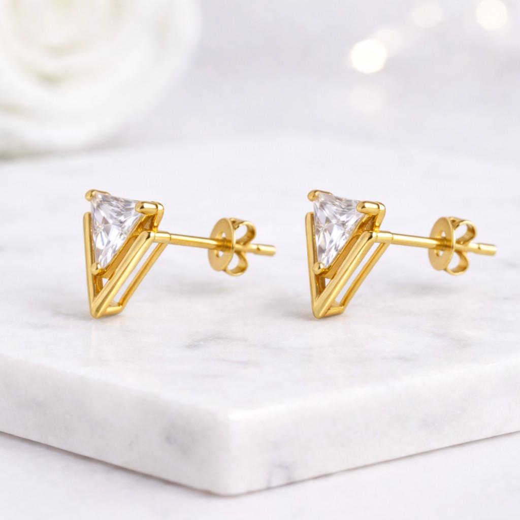 triangle gemstone earrings inverted triangle earrings zircon earrings gold triangle studs geometric jewelry designer earrings