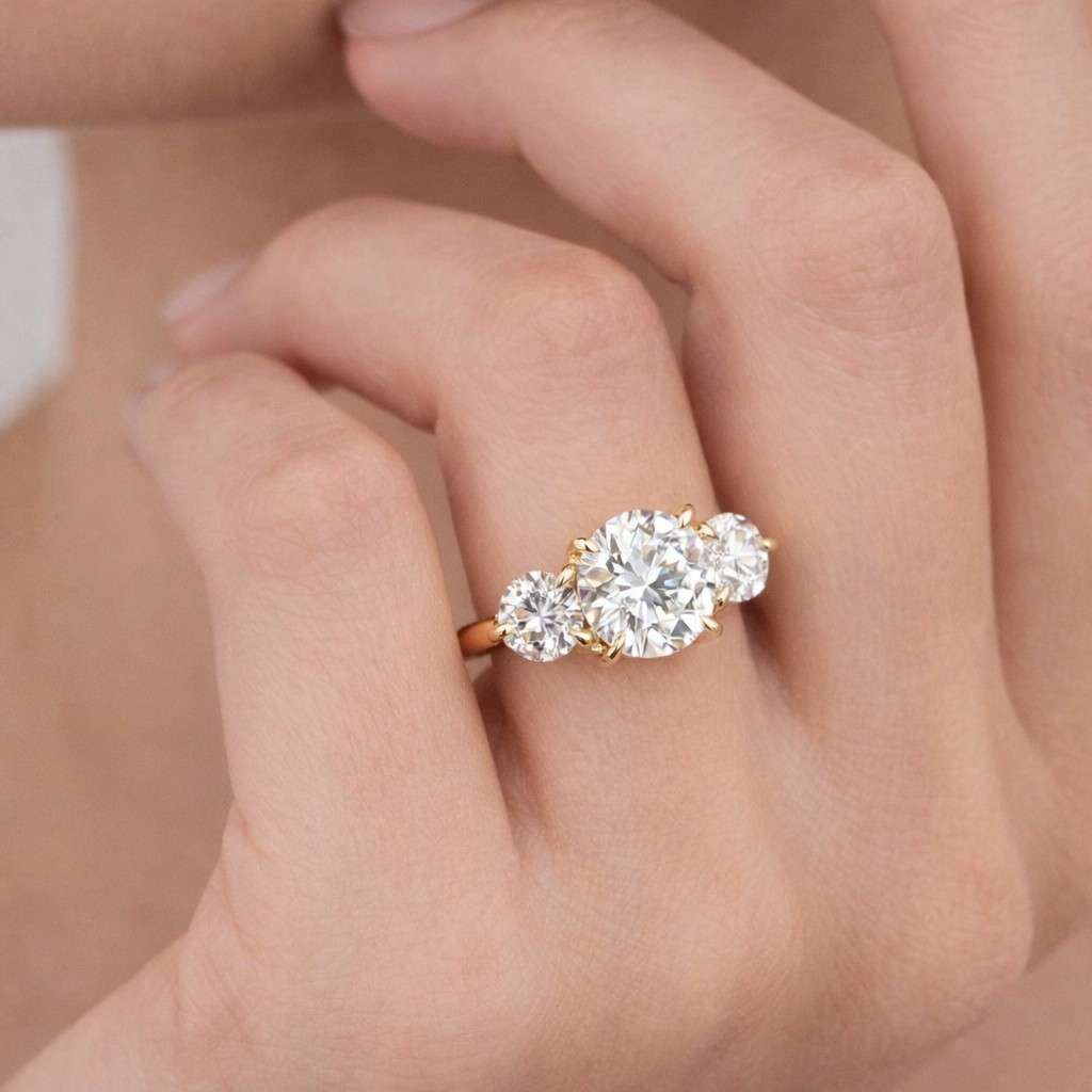 trilogy ring three diamond ring round stone ring yellow gold ring crown setting ring basket setting ring comfort fit ring