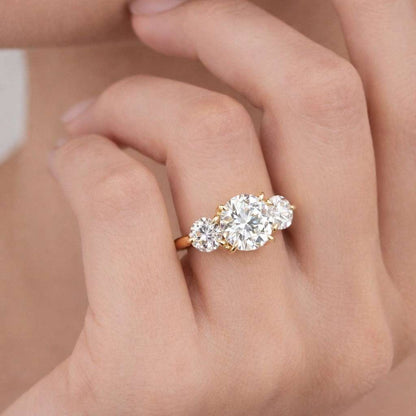 trilogy ring three diamond ring round stone ring yellow gold ring crown setting ring basket setting ring comfort fit ring