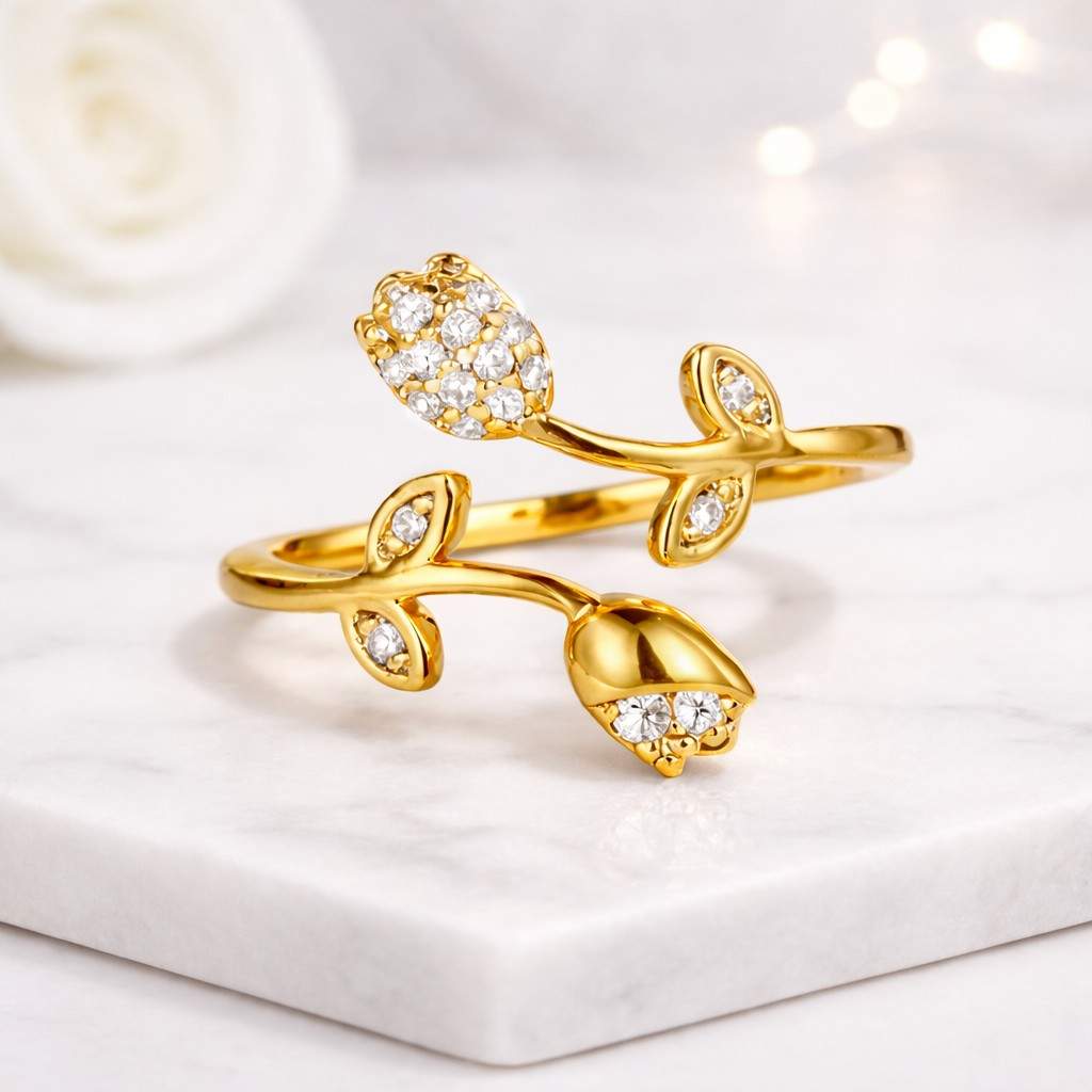 tulip ring flower ring open ring wrap ring adjustable ring floral ring leaf ring vine ring nature ring botanical ring crystal ring gold ring women ring cute ring dainty ring elegant ring statement ring fashion ring